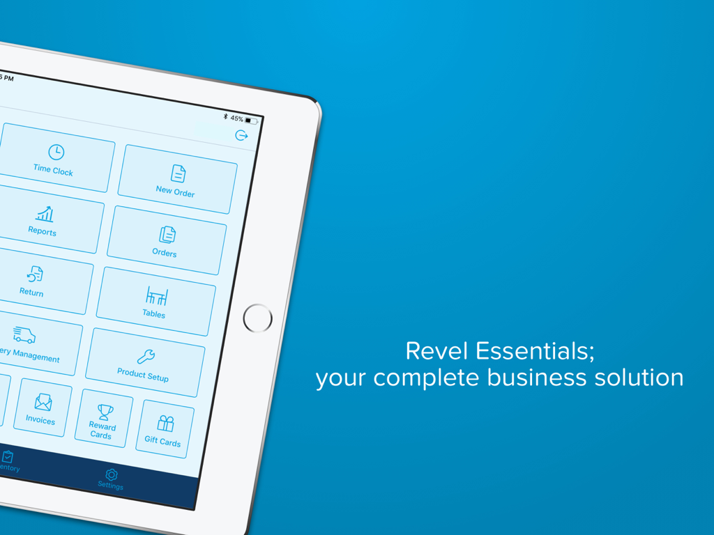 Revel POS - ビジネス管理アイコンとスローガンが表示されたRevel POSダッシュボードのiPad画面