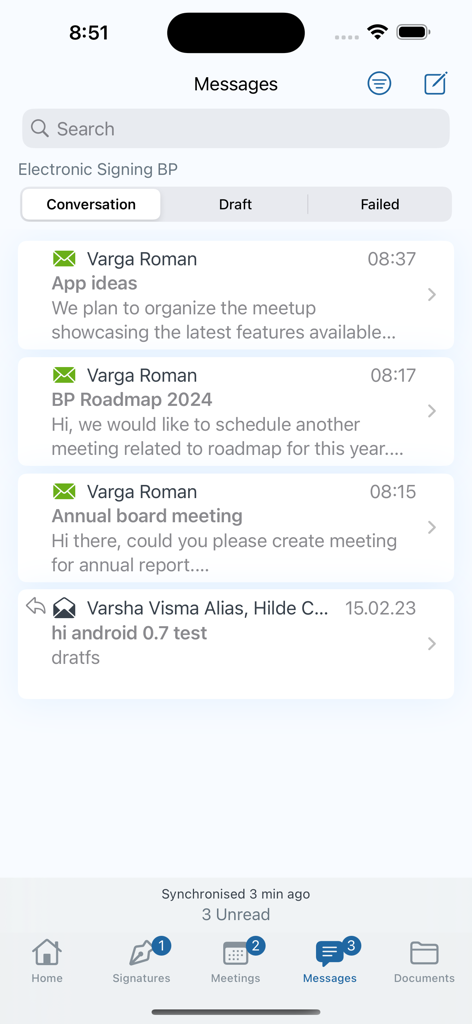 Interface de mensagens seguras no aplicativo Admincontrol board portal para comunicação executiva.