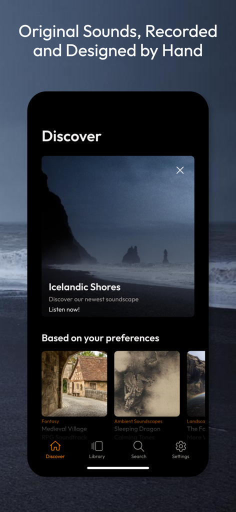 myNoise: Focus, Sleep, Relax - myNoise app discover screen featuring custom soundscapes like Icelandic Shores and Medieval Village