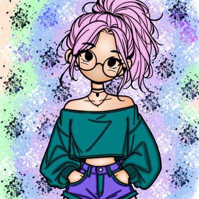 girl with a messy ponytail glasses a baggy crop top and jean shorts