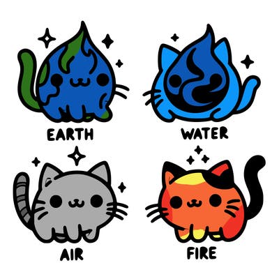 4 cats that represent the different elements, earth, water, air, and fire