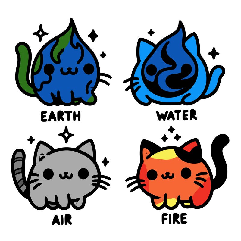 4 cats that represent the different elements, earth, water, air, and fire