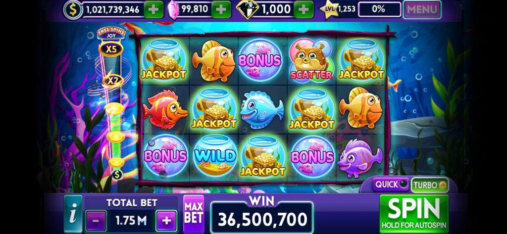 Slot Bonanza- 777 Vegas casino - Underwater themed slot machine in Slot Bonanza featuring colorful fish symbols and jackpot treasure chests