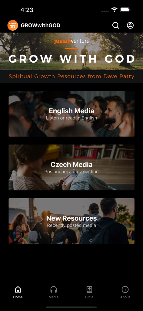 The home screen of the Grow with God mobile app showing English and Czech media sections for spiritual growth.