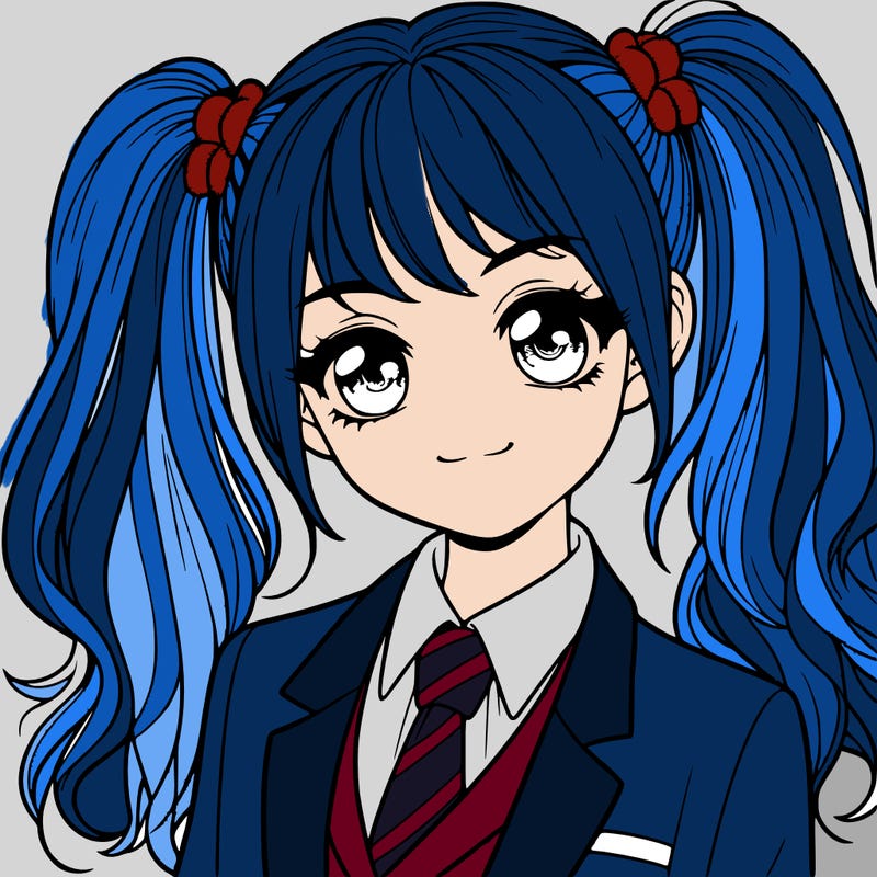 realistic girl with two ponytails and a suit on