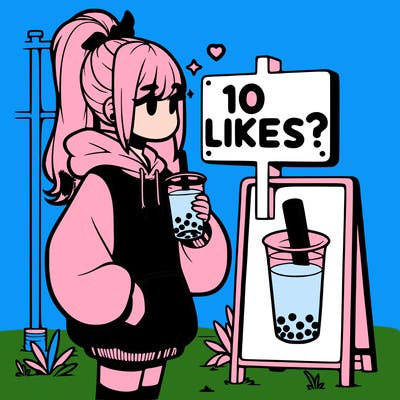 girl with oversized hoodie drinking boba and she has a high ponytail with a sign that says 10likes?