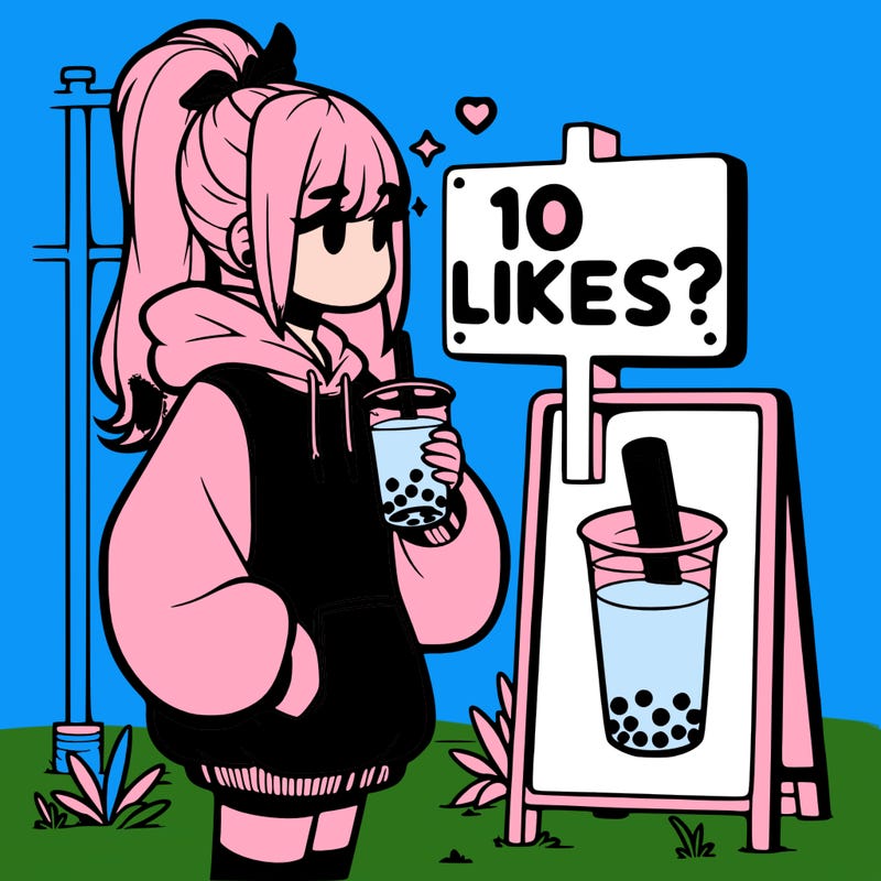 girl with oversized hoodie drinking boba and she has a high ponytail with a sign that says 10likes?