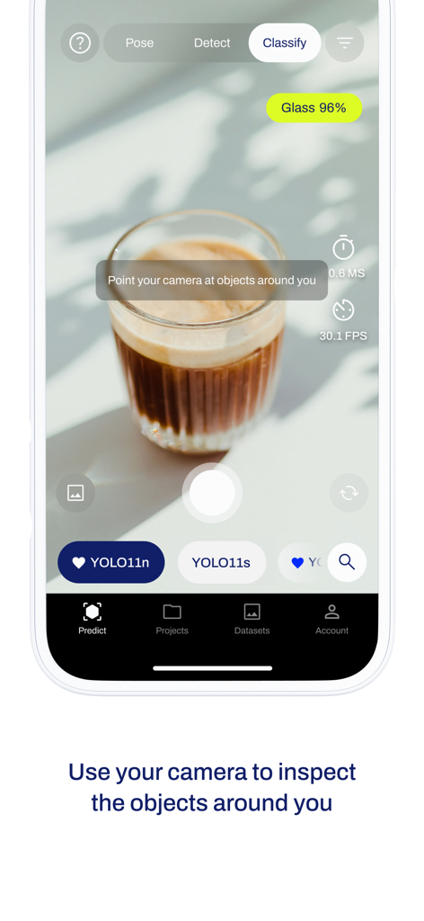 Ultralytics HUB - Ultralytics HUB app classifying a glass using YOLO11 model on iPhone