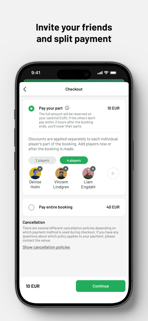 MATCHi - Checkout screen of the MATCHi app showing the split payment feature for a group court booking