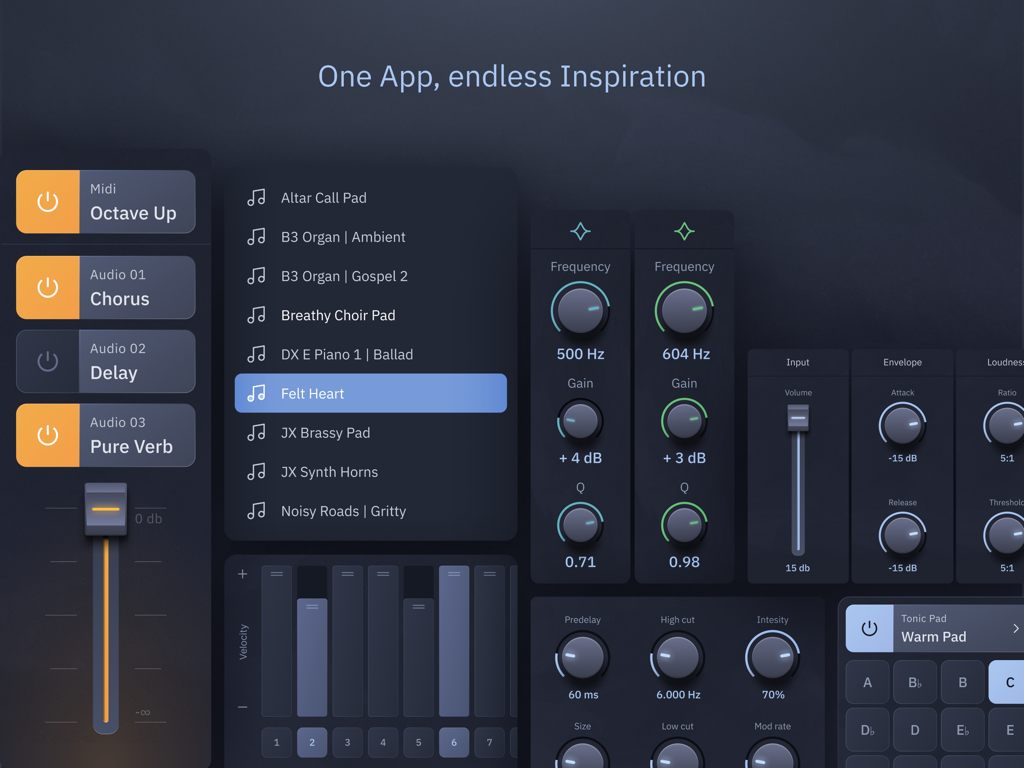 Sunday Keys - Sunday Keys iPad app interface showing worship sound patches and audio effects