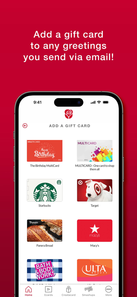 American Greetings Ecards - A mobile screen showing various digital gift card options like Starbucks and Target to add to greetings.