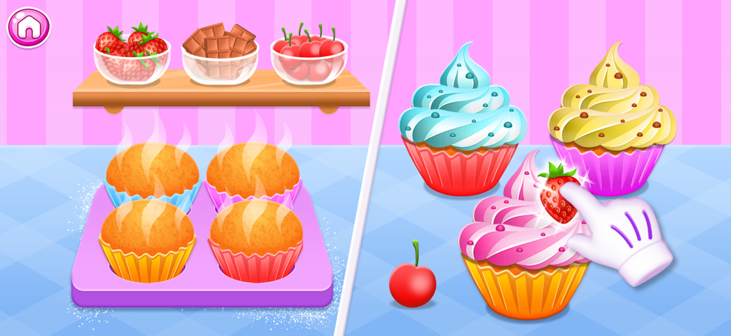 Kids Cooking Game 2+ year olds - A split screen showing cupcakes fresh out of the oven on the left and a hand decorating a frosted cupcake with a strawberry on the right.