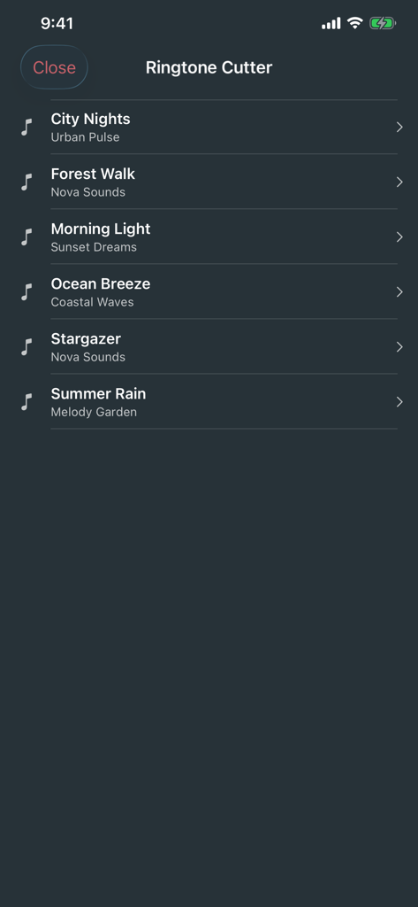 Pi Music Player - Ringtone Cutter feature in the Pi Music Player app listing available tracks