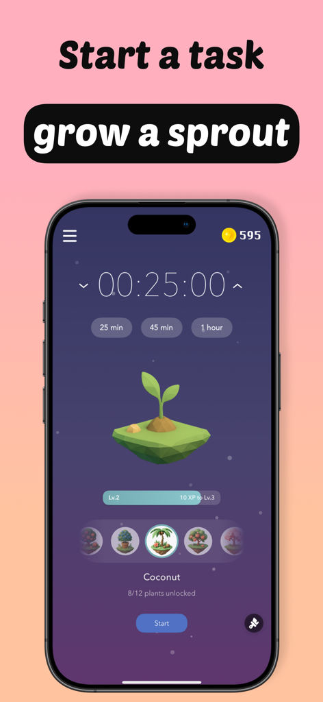Plantie - Stay focused - 가상 새싹이 자라고 있는 25분 뽀모도로 집중 타이머를 보여주는 Plantie 앱 인터페이스