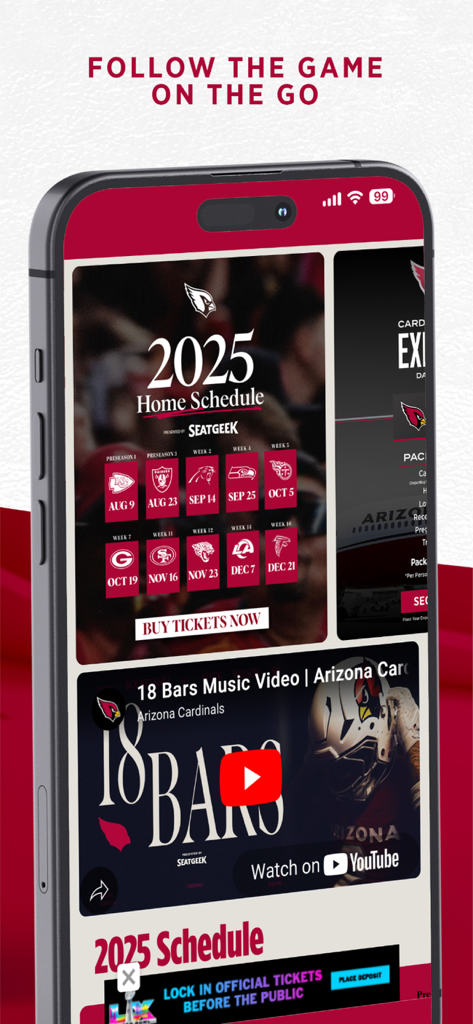 Arizona Cardinals Mobile - Smartphone screen showing the Arizona Cardinals mobile app with the 2025 home game schedule and a buy tickets button.