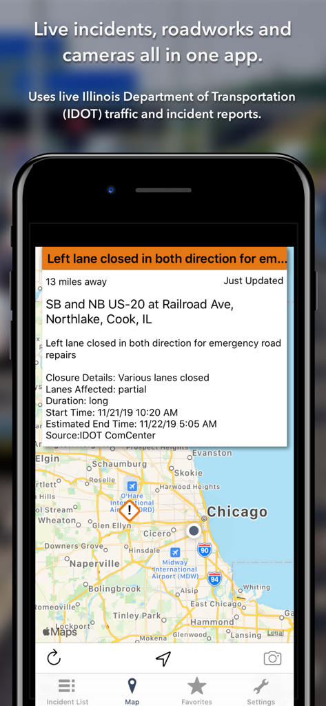 Die Illinois State Roads App zeigt einen Vorfall mit einer Live-Straßensperrung auf einer Chicagoer Karte an