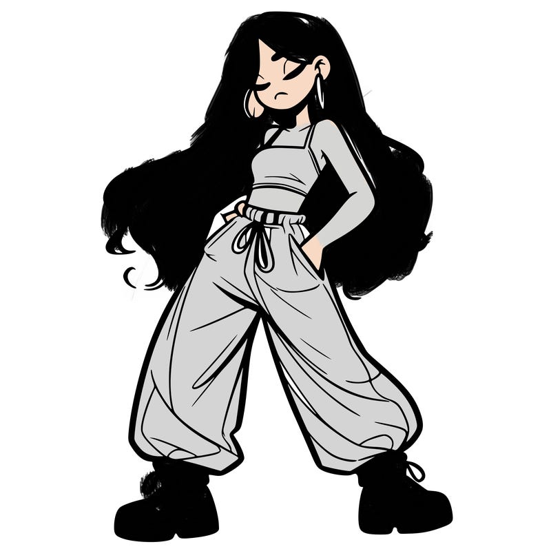 girl in baggy pants crop top and long hair