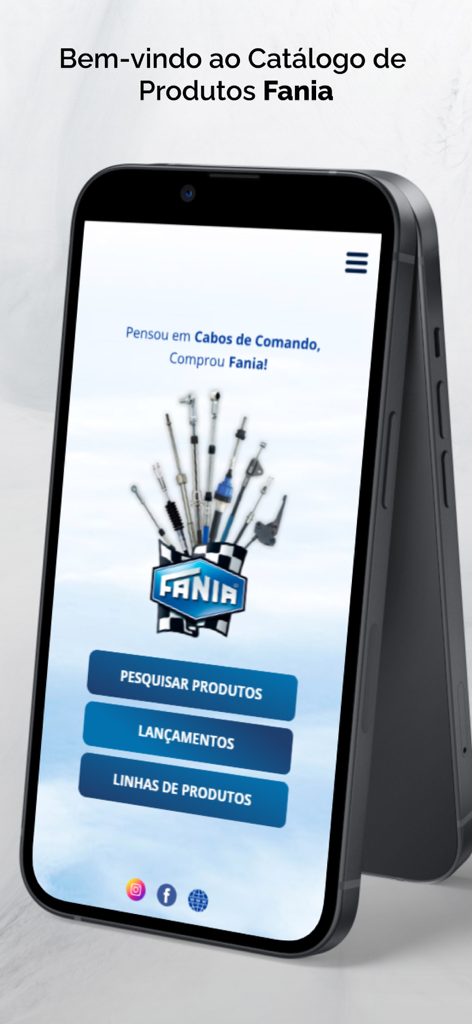 FANIA CABOS - Catálogo - Tela inicial do aplicativo de catálogo de produtos FANIA CABOS com opções de pesquisa e categorias de cabos de comando para máquinas pesadas e agrícolas.