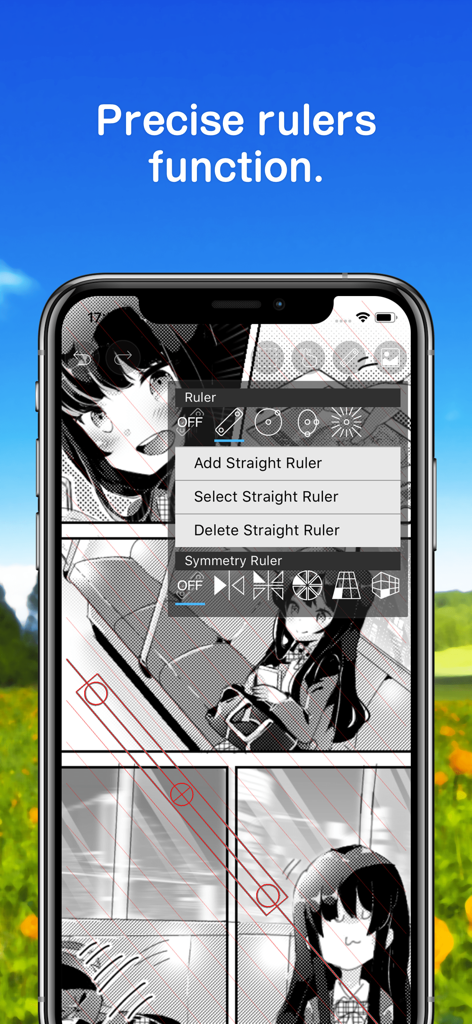 ibis Paint - A smartphone showing the precise rulers function in ibis Paint for manga illustration