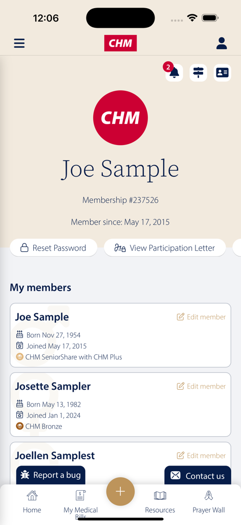 CHM Member Portal - 멤버십 세부 정보와 가족 구성원 목록을 보여주는 CHM 회원 포털 앱 대시보드.