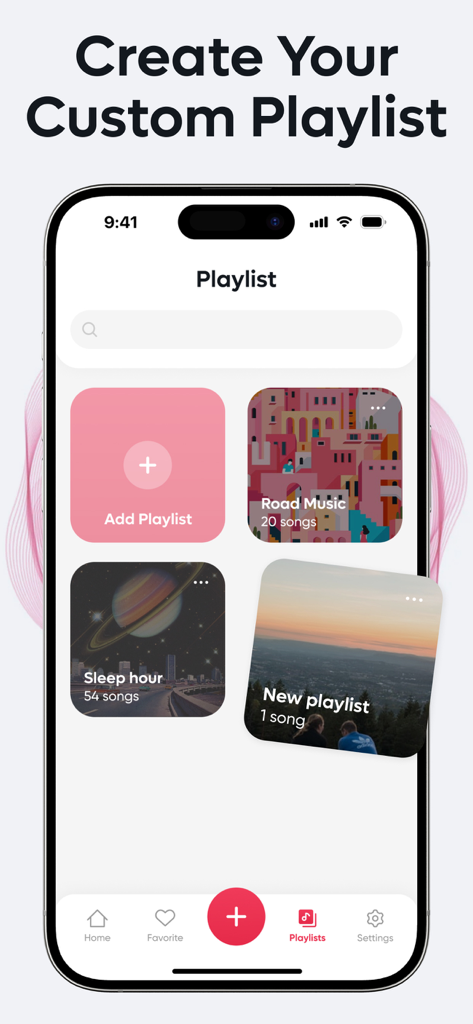 MX Music App-Oberfläche, die eine Liste benutzerdefinierter Wiedergabelisten anzeigt, einschließlich Road Music und Sleep Hour auf einem iPhone