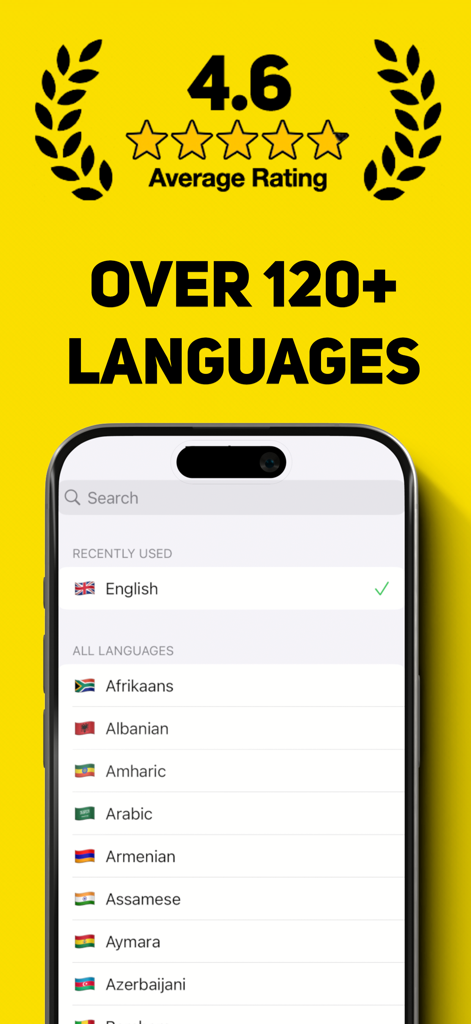 Pantalla de la aplicación Camera Translator AI que muestra una lista de más de 120 idiomas compatibles y una calificación promedio de 4.6.