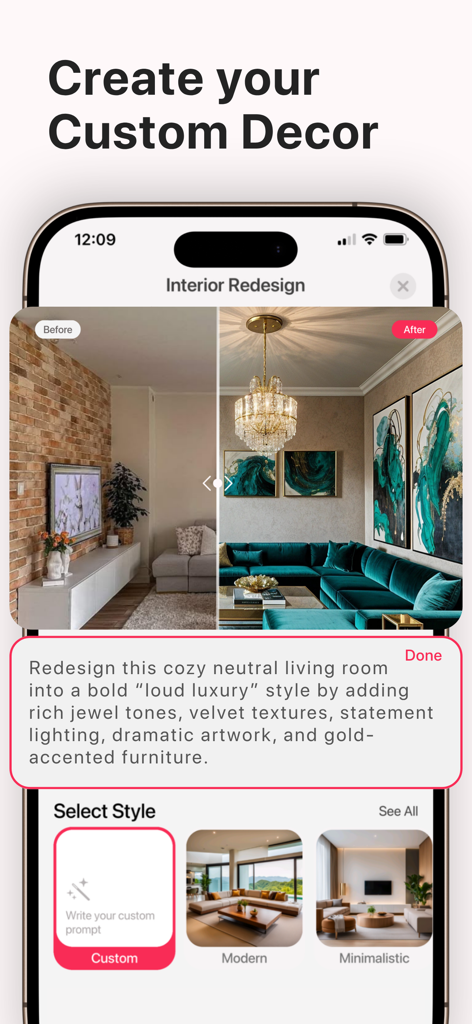 AI Home Design - AI Interior - Comparación de antes y después de un salón neutro transformado en un estilo de lujo audaz utilizando diseño de interiores con IA.