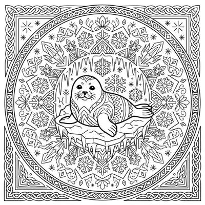 Discover the joy of winter with this delightful Harp Seal Mandala coloring page. This intricate design combines the charm of a baby seal with the meditative beauty of a snowy mandala.