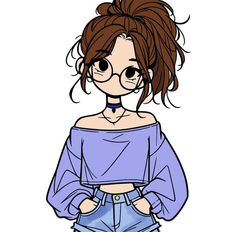 girl with a messy ponytail glasses a baggy crop top and jean shorts