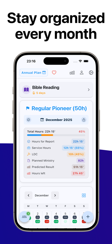 Ministry Assistant 2 - Panel de actividad mensual que muestra las horas de servicio y el progreso del ministerio de campo para precursores regulares.