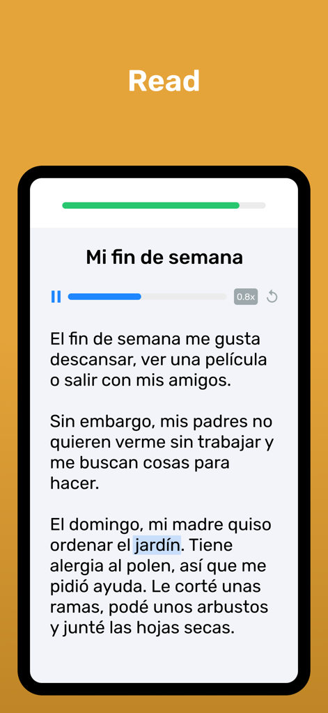 Interface of the Wlingua app showing a Spanish reading exercise titled Mi fin de semana with audio playback controls