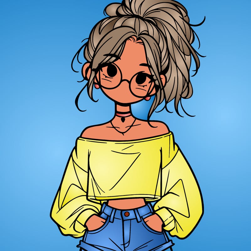 girl with a messy ponytail glasses a baggy crop top and jean shorts