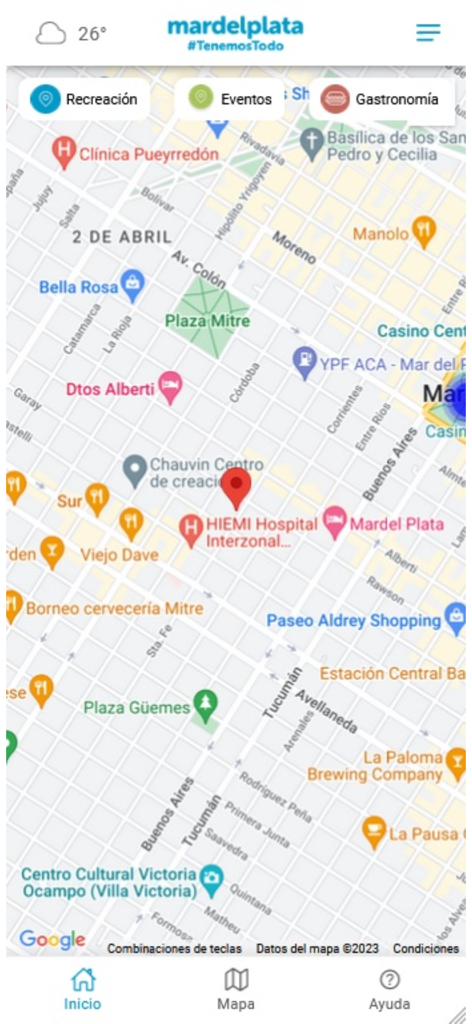 Carte interactive dans l'application du guide touristique de Mar del Plata montrant les attractions locales, les événements et les restaurants.