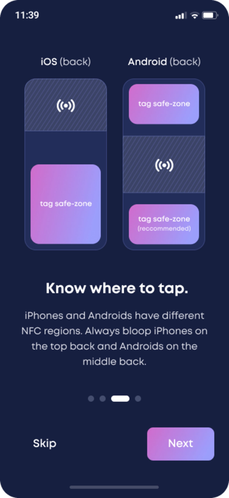 Bloop - Connect & Share - Pantalla de incorporación de la aplicación Bloop mostrando la ubicación de la etiqueta NFC para dispositivos iPhone y Android