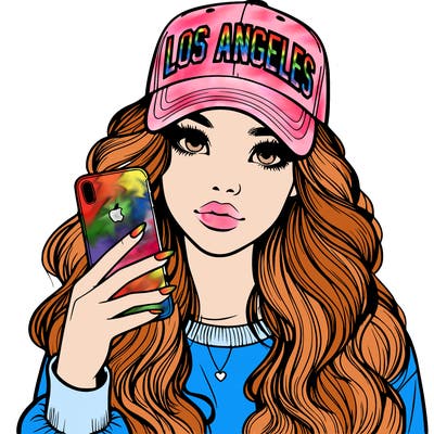 realistic beautiful girl wearing los ángeles cap holding an iphone