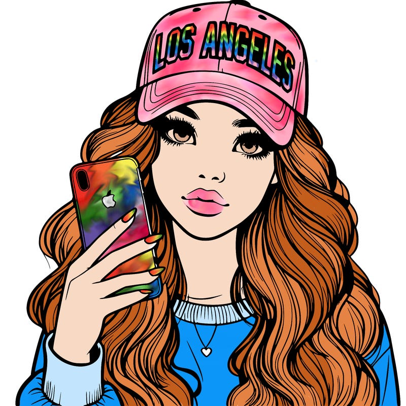realistic beautiful girl wearing los ángeles cap holding an iphone