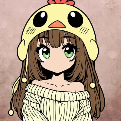 anime girl with chick shaped hat with sweater with bare shoulders with bangs covering them one eye with low tail