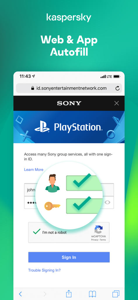 Kaspersky Passwords & Docs - Kaspersky Passwords and Docs app interface showcasing the web and app autofill feature on a mobile login screen