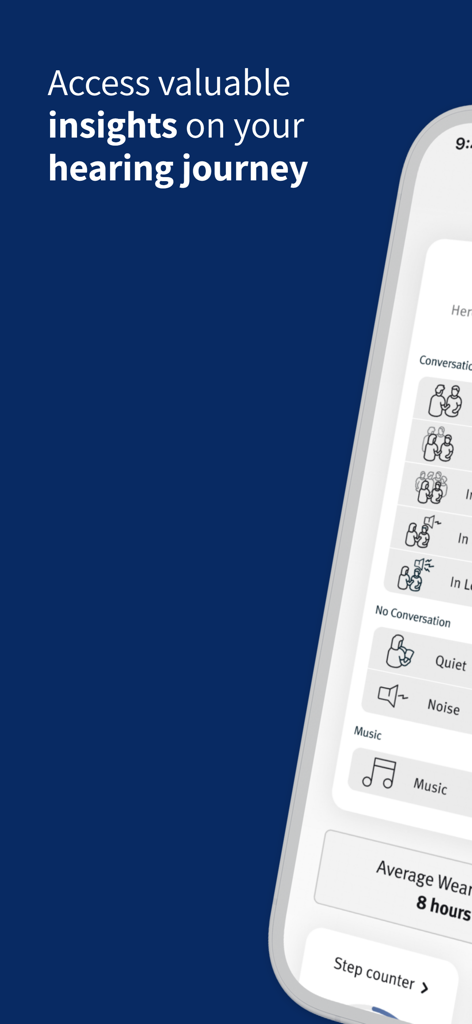 Screenshot of the Hearing Remote app displaying hearing insights including conversation categories and daily activity tracking