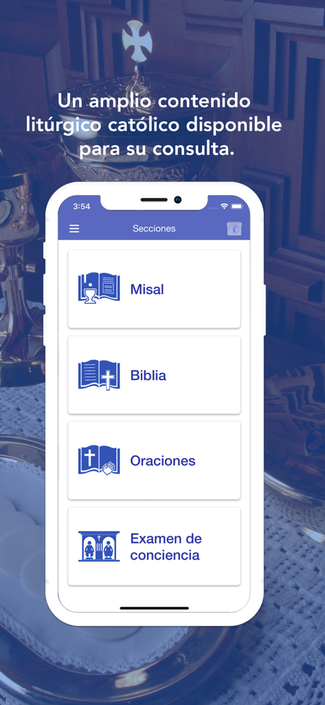 LiturGuia - Pantalla principal de la app LiturGuia mostrando secciones para Misal Biblia y Oraciones en español