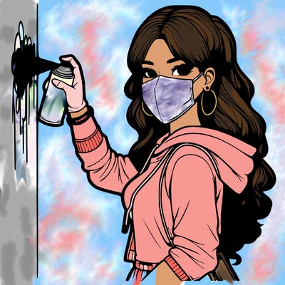 realistic girl with mask spray painting a wall
