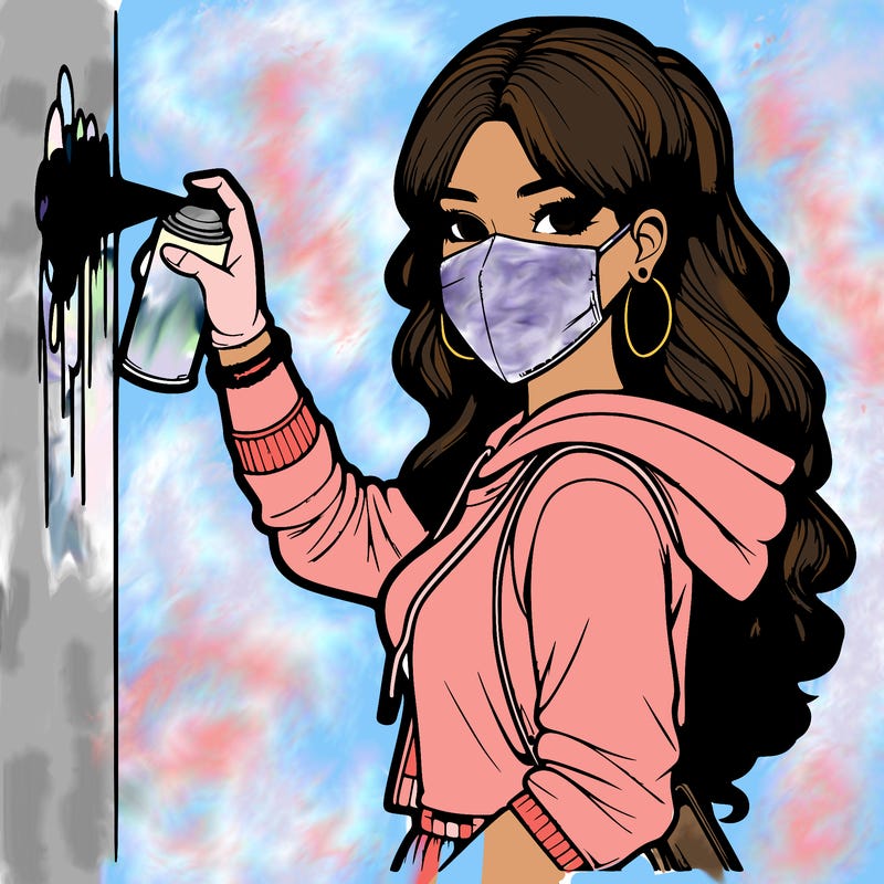 realistic girl with mask spray painting a wall