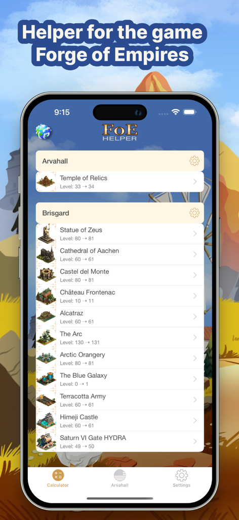 Un elenco di Grandi Edifici nell'app FoE Helper che mostra i livelli attuali e target per mondi di gioco come Arvahall e Brisgard