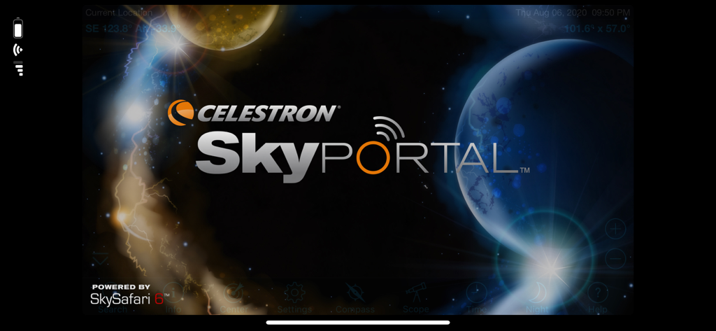 Celestron SkyPortal - Pantalla de inicio de la aplicación Celestron SkyPortal con el logotipo de la marca y un fondo planetario