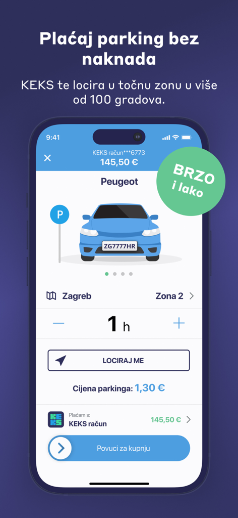 KEKS Pay - Interfaz de la aplicación móvil KEKS Pay que muestra una pantalla de pago rápido de estacionamiento para un coche en Zagreb.