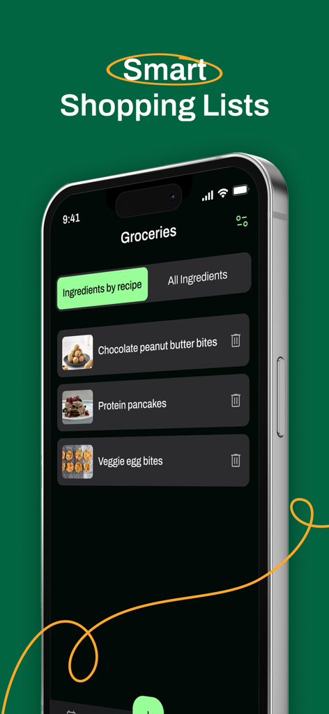 Preppd – Meal Prep & Planner - Tela do aplicativo Preppd exibindo uma lista de compras inteligente organizada por receita