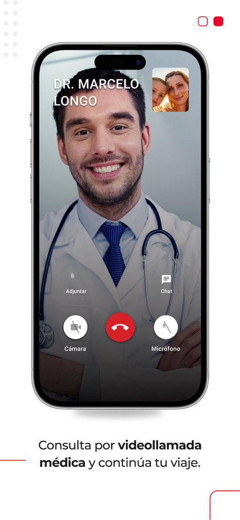 A smartphone screen showing the Assist Card app medical video call feature with a doctor for 24/7 travel assistance.