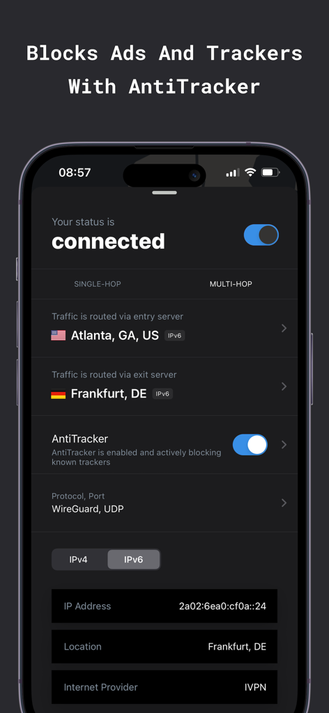 IVPN app interface showing multi hop VPN connection and tracker blocking enabled
