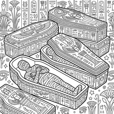 Step into the captivating realm of ancient Egypt with this intricate coloring page featuring ornate sarcophagi and mummies. Discover a world of hieroglyphs and sacred symbols waiting for your creative touch.