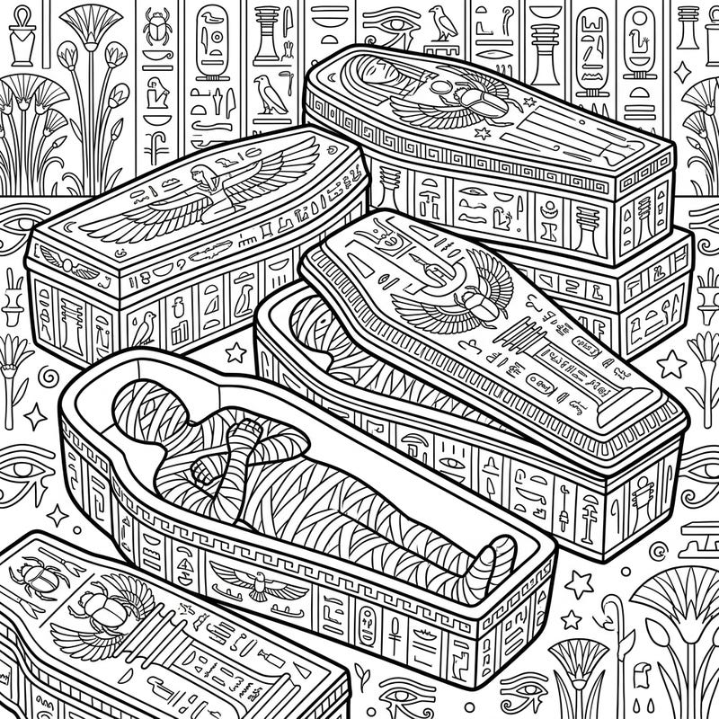 Step into the captivating realm of ancient Egypt with this intricate coloring page featuring ornate sarcophagi and mummies. Discover a world of hieroglyphs and sacred symbols waiting for your creative touch.